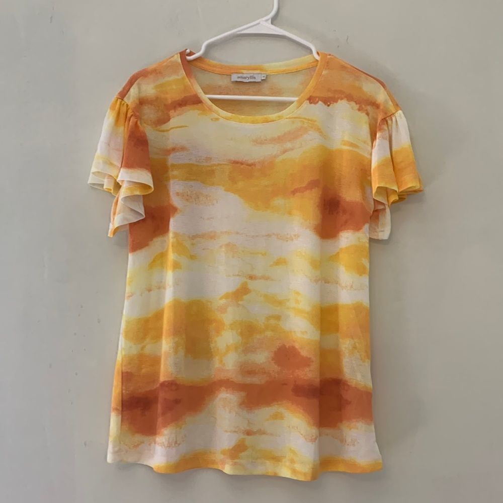 Amaryllis muted yellow orange and white short ruffle sleeve blouse Size S